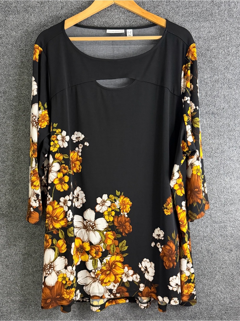 Susan Graver Womens 3X Liquid Knit Floral Top Black Brown Keyhole Front Stretch